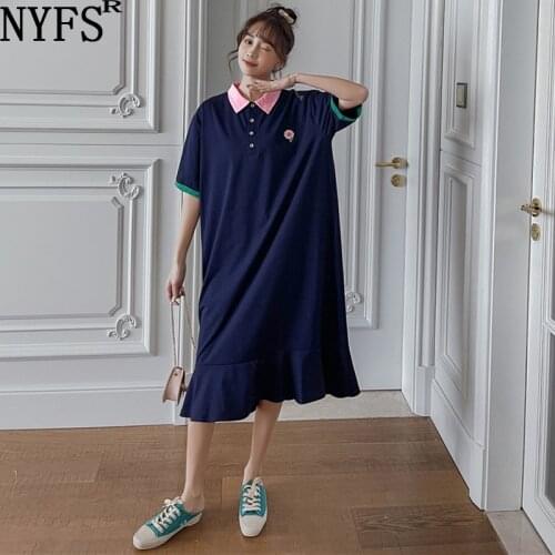 NYFS 2021 Korean New Woman Dress Loose Polo collar long dress Vestidos Robe Elbise Lotus leaf Hem Summer Dress