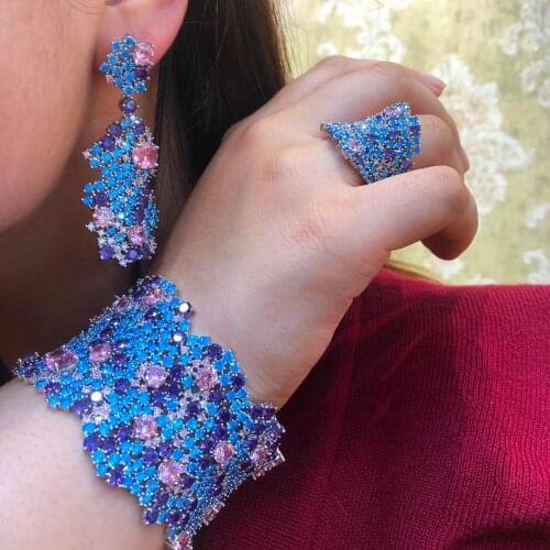 4 Colors New Luxury African Women Sparkly Necklace Bangle Earrings Ring 4 PCS for Bridal Gorgeous Jewelry Set Wedding Party