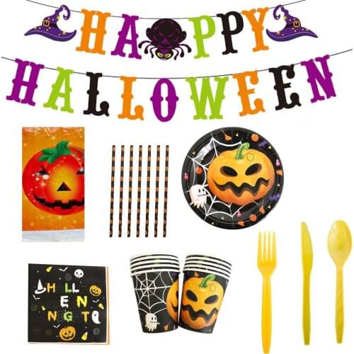 98pcs Happy Halloween Disposable Tableware Halloween Party Decorations 10People Use Disposable Napkins Plates Cups Straws Forks