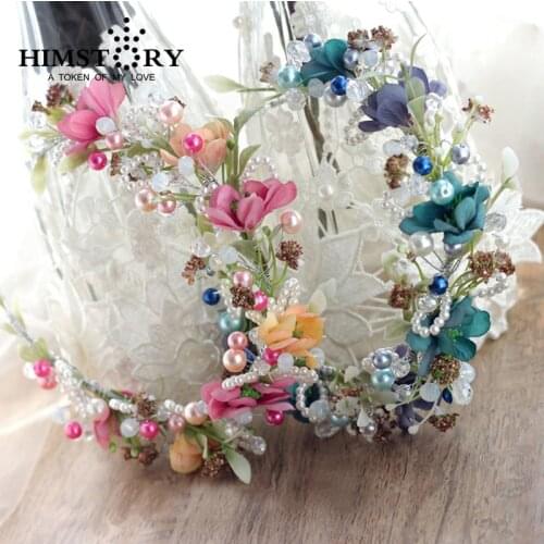 Sweety Handmade Bridal Hair Accessories Pink&Blue Flower Vine Branch Headband Tiara Wedding Brides Prom Party Headwear Hair Dec