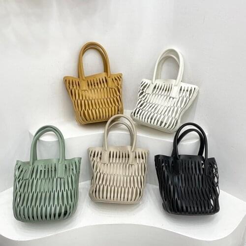 New Ladies Handbag Designer Hollow Out Bags Solid Color PU Leather Tote Bags 2021 Summer 2 Pcs/Sets Travel Beach Bag Purse