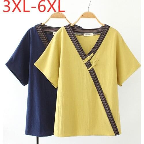 New 2021 summer plus size tops for women large loose casual short sleeve cotton retro V neck T-shirt yellow blue 3XL 4XL 5XL 6XL