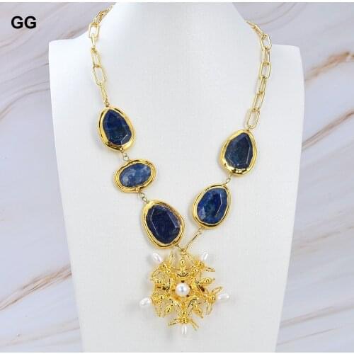 GuaiGuai Jewelry 21" Blue Lapis Kyanite Gold color Plated Chain Necklace White Pearl animal charm Pendant