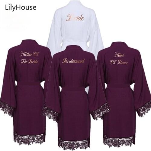 Rayon Cotton Kimono Robes with Lace Robe Women Wedding Bridal Robe Bathrobe Sleepwear White Gift Purple