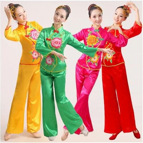 Chinese traditional costumes yangko waist sequined Embroidery drum fan dance group dance stage performance costume
