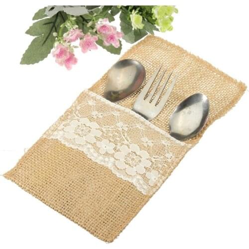 KiWarm 5PCS Burlap Silverware Holders Wedding Jute Lace Pouch Cover Cloth Wedding Table Decoration Accessories Home Party Decor