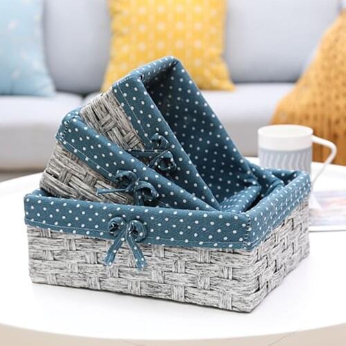 Straw Storage Basket Cosmetic Makeup Box Organizer Desktop Sundries Snack Bin Household Cute Rattan Woven Clothes storage Bucket