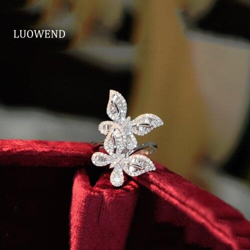 LUOWEND 100% 18K White Gold Bague AU750 Engagement Ring Luxury Natural Diamond Ring Female Butterflies Shape for Women Wedding
