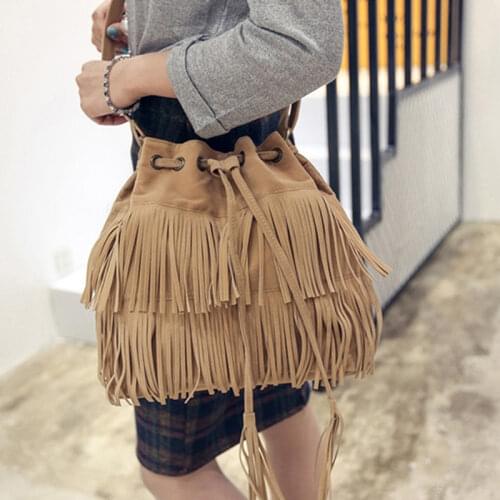 Fashion Retro Faux Suede Fringe Women Bag Messenger Bag Tassel Shoulder Handbags Drawstring Crossbody Drawstring Bags
