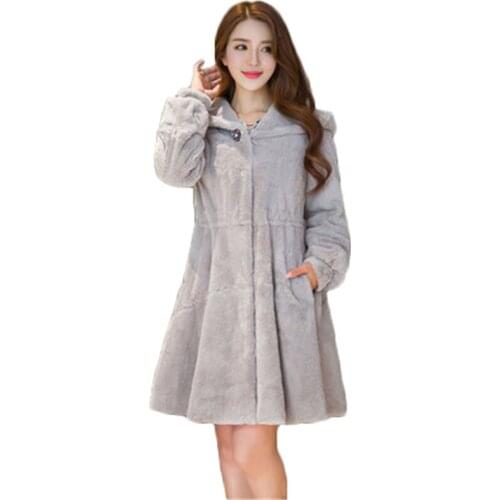 2020 New Winter Hooded Rhinestone Button Mid-length Faux Rex Rabbit Fur One Faux Fur Coats Female Jacket Lady Trendy Outerwear