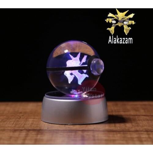 Pokemon Toys Alakazam Pokeball Engraving Round Crystal Ball with LED Light Crystal Base Model Toys