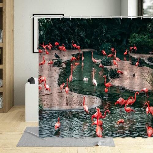 Flamingo Shower Curtains Green Leaf Forest Stream Nordic Home Decor Waterproof Polyester Fabric Bathtub Curtains Set With Hooks