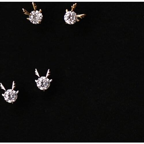 Cute Female Crystal Small Deer Earrings Real 925 Sterling Silver Gold Stud Earrings For Women Boho Round Zircon Wedding Earrings