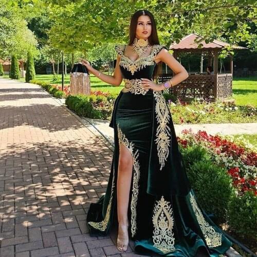 SuperKimJo Detachable Skirt Green Prom Dresses 2021 Velvet Lace Applique Vintage Muslim Arabic Prom Gown Robe De Soiree