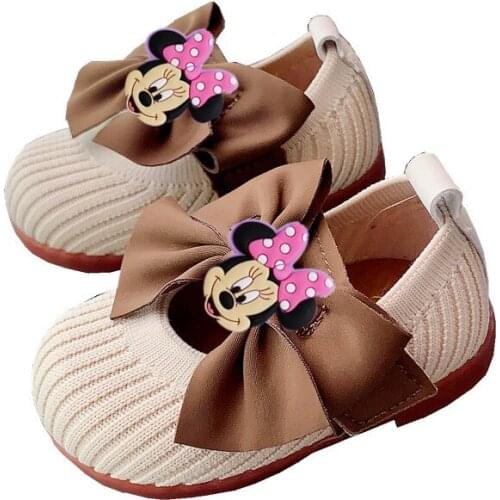 Disney Minnie casual shoes 2021 girls leather shoes new bow square mouth little princess baby soft bottom toddler shoes