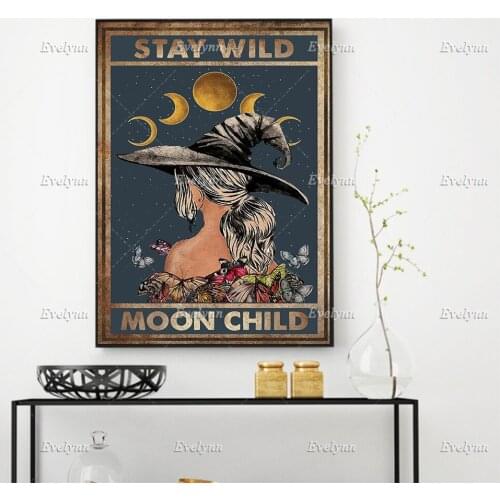 Hippie Girl Vintage Poster, Stay Wild Moon Child Hippie Soul Living Room Wall Art Prints Home Decor Canvas Gift Floating Frame