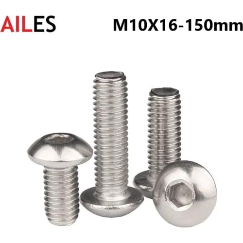 10mm Hexagon Socket Button Round Head Screws A2-70 304 Stainless Steel M10X16 18 20 30 100 110 120 130 140 150mm Allen Bolts