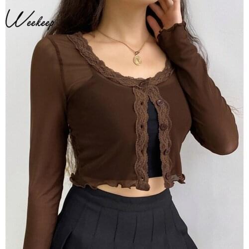 Weekeep Streetwear Ruffles Mesh Brown Single-breasted Crop Tops Vintage V Neck Long Sleeve See Through T-Shirts Sexy Outfits Y2K