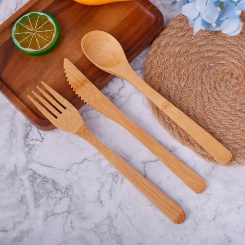 1Set Bamboo Travel Cutlery Set Fork Cutter Spoon Reusable Kitchen Tool Outdoor Portable Biodegradable Flatware