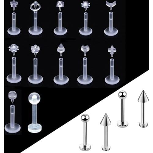 14pcs Transparent Bioplast Flexible Labret Stud Push-in Lip Piercing Ring Ear Cartilage Tragus Helix Fashion Piercing Jewelry