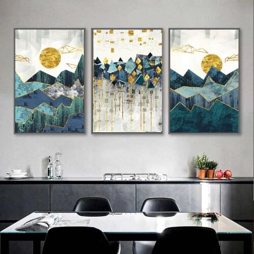 Abstract Geometric Mountain Landscape Wall Art Canvas Painting Golden Sun Art Poster Printing Wall Living Room Picture