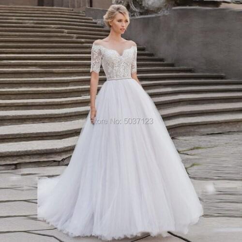 Short Sleeves Ball Gown Wedding Dresses Lace Appliques Off the Shoulder Vestido De Noiva Bridal Gowns Court Train Illusion