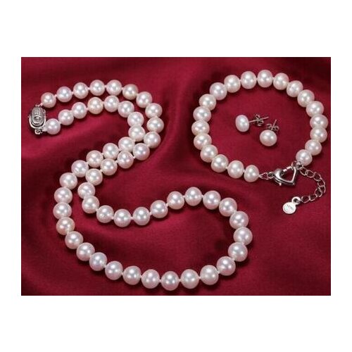 Free shipping luxury Noble jewelry 9-10mm natural south seas white pearl necklace bracelet earrings