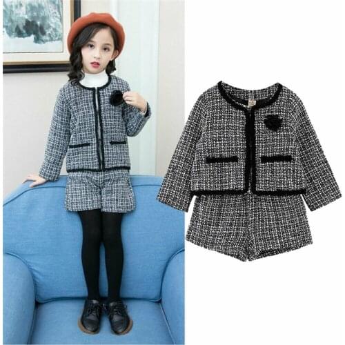 Korean Style Kids Toddler Baby Girls Pageant Plaid Coat Tops+Shorts Pants Party Autumn Warm Clothes 1-6Y