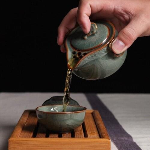 China Longquan Celadon Portable Kung Fu Tea Set A Pot and Two Tea Cup Teacup , (Not Include Bamboo Tea Tray)