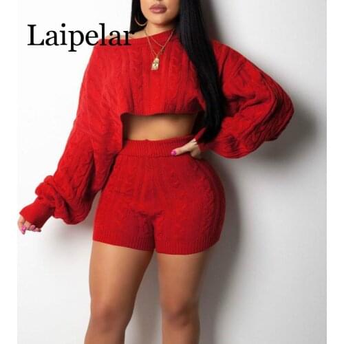 Laipelar 2 Two Piece Set Women Clothes Autumn Winter Outfits Long Sleeve Knit Sweater Tops+Bodycon Shorts Suit Sexy Matching Set