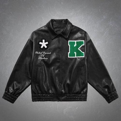 Motorcycle Letter Embroidery Patch PU Leather Jacket Men Vintage Punk Fashion Lapel Loose Cargo Jackets Coats Couples Streetwear