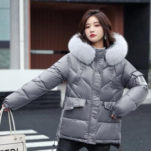 Women Winter Hooded Thick Short Jacket Solid Casual Glossy Warm Cotton Padded Parkas Fur Collar Winter Coat
