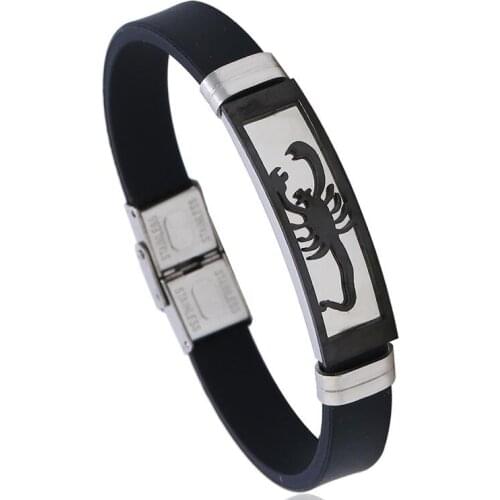 Fashion Scorpion Titanium Stainless Steel Silicone Bracelets Black Charm Rubber Cuff Bangle Wrap Wristbands for Men Punk Jewelry