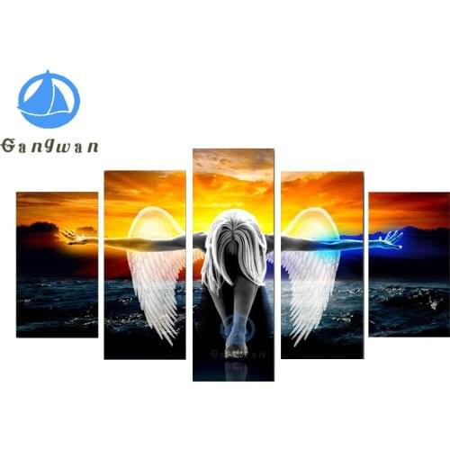 5pcs Full Square Drill 5D DIY Diamond Painting,Lonely angel, sunset sea level scenic Embroidery Cross Stitch Mosaic home Decor