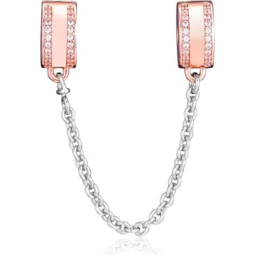 Genuine 925 Sterling Silver Rose Gold Insignia Safety Chain Charms Beads for Jewelry Making Fits Original Bracelet Berloques