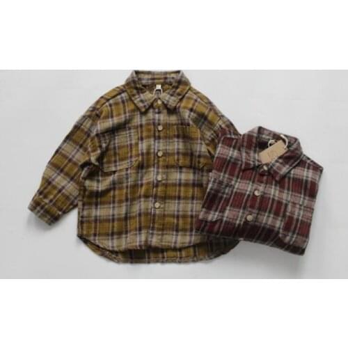 2021 new girls boys plaid shirt cotton linen full sleeve autumn kids top