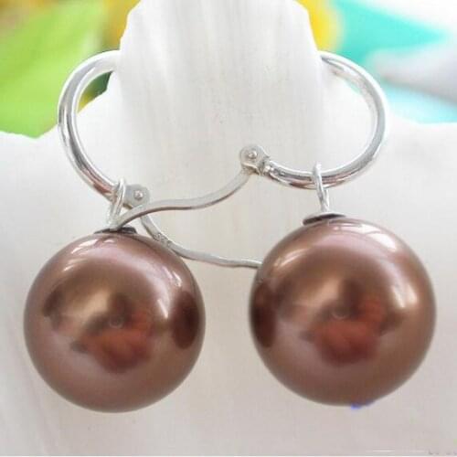 New Arrival Favorite Pearl Jewelry 16mm Coffee Round Sea Shell Pearl Silver Dangle Earrings Charming Lady Gift