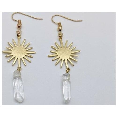 New Witchy Sun Clear Crystal Angel Earrings Brass Colour Sunburst Celestial Statement Boho Hippie Jewelry Women Gift Fashion