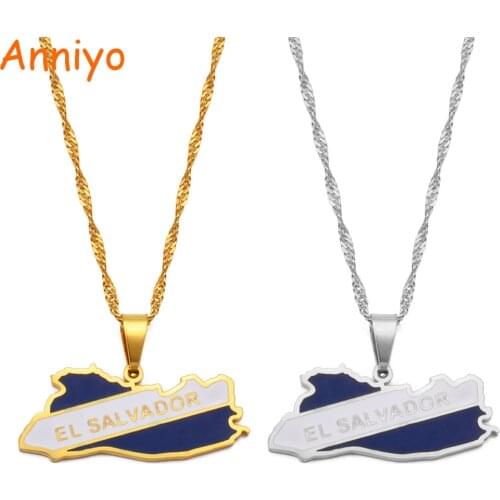 Anniyo El Salvador Map & Coloured Flag Pendant Necklace for Women Girls Jewelry Map of El Salvador #207721