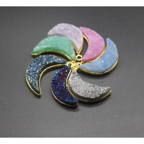 5pcs/lot 9x27MM druzy women moon necklace charm pendant, Gold plate DIY natural Gem stone jewelery original design, fashion gift