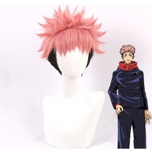 2021 New Jujutsu Kaisen Cosplay Yuji Itadori Wig Pink mixed Black Short Men Wigs Heat Resistant Synthetic Hair Anime Cosplay