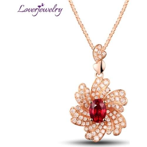 LOVERJEWELRY Women Ruby Flower Pendant Jewelry Solid 18K Rose Gold Natural DiamondS Ruby Pendant For Lady Dancing Party Dressing