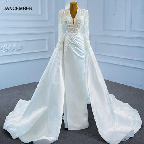 RSM67251 Long Sleeve White v-Neck Pearl Wedding Bridal Gown 2021bridal Banquet Back Lace-Up Design Wedding Dress