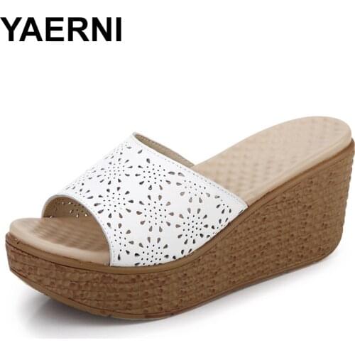 YAERNI Summer Slippers Shoes Woman 2019 Hollow cut High Heel Flip Flops platform Wedges Women Outdoor Flat Beach Slides Sandals