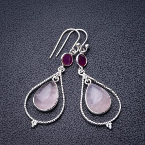 StarGems Natural Rose Quartz And Chalcedony Handmade 925 Sterling Silver Earrings 2" D6767