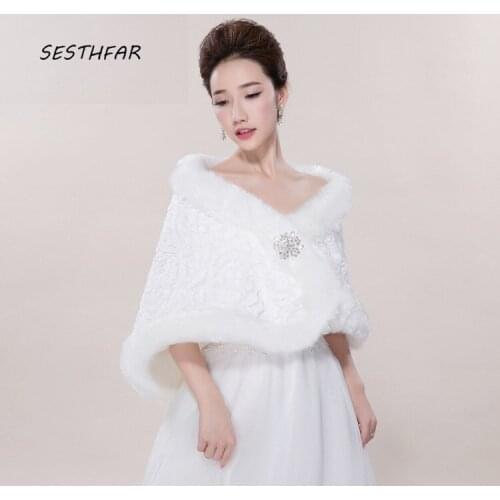 Bridal Shawl Jacket Wedding Wraps White Long Faux Fur Wrap Shrug Bolero Coat Bridal Gowns PJ012