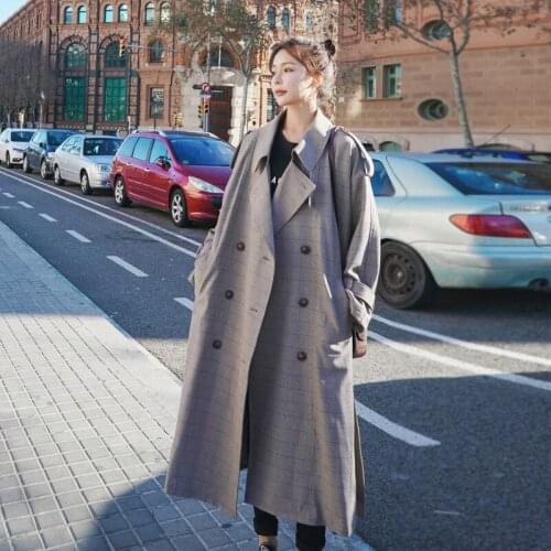 2020 new fashion Spring Autumn Plaid Trench Coats British style Korean Loose Long Sleeve Windbreaker Coats b518