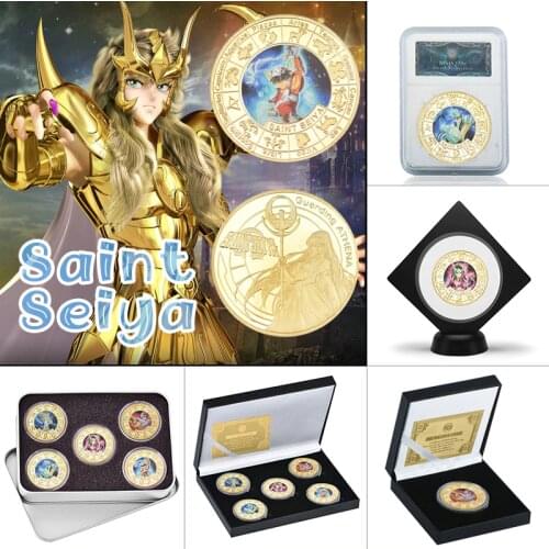 WR 5pcs Saint Seiya Gold Plated Coins Collectibles with Box Japanese Challenge Coin Original Anime Coins Gift Set Dropshipping