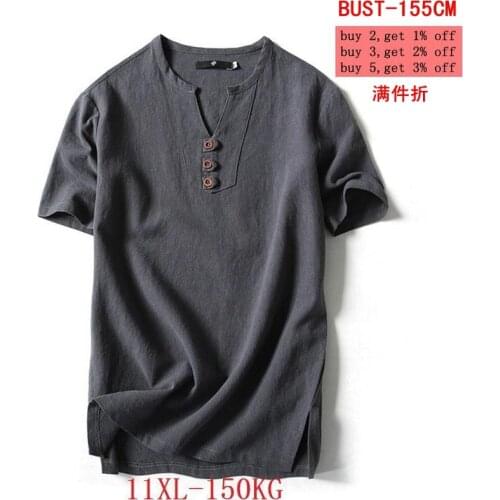 XL 9XL 10XL 11XL summer mens linen T-shirt V-neck cotton 7XL 8XL Japanese style short-sleeved t-shirt loose blue