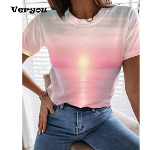 Summer Top Women T-Shirt Casual Nature Scenery Printed Female t Shirt Fashion Clothing O-Neck Loose Tee Ladies Short Sleeve